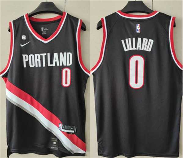 Men%27s Portland Trail Blazers #0 Damian Lillard Black With No.6 Patch Stitched Basketball Jersey